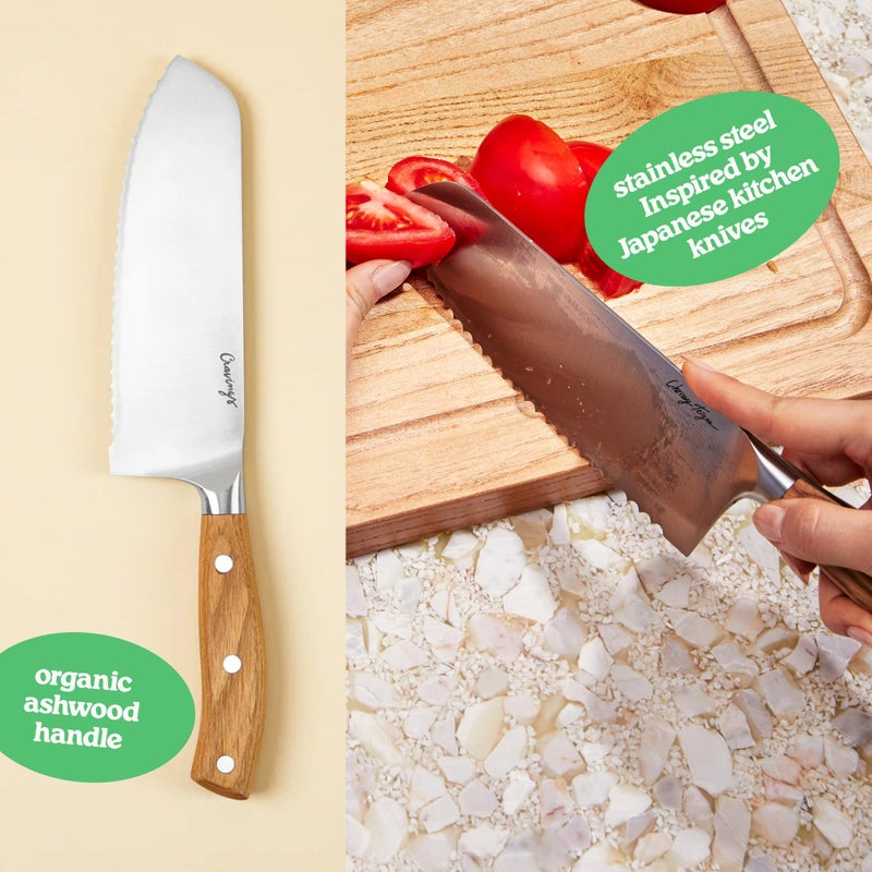Cravings by Chrissy Teigen Cravings Go-To Santoku Knife â€“ 7-Inch Serrated Stainless Steel Blade with Organic Ashwood Handle, Ideal for Slicing, Dicing, and Carving â€“ A Must-Have Kitchen Essential by Chrissy Teigen - Image 2